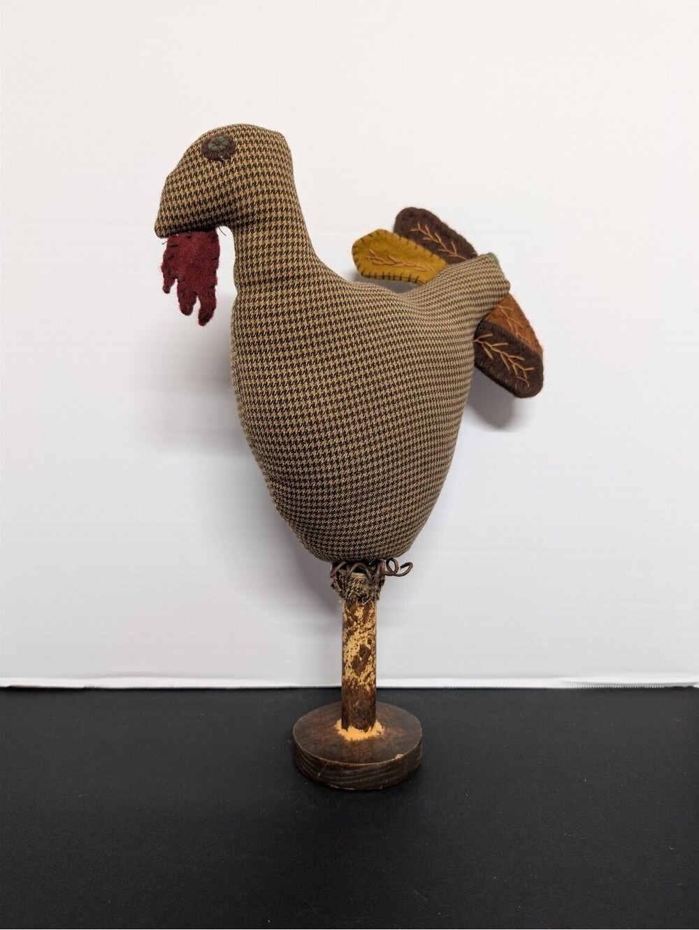 Primitive Folk Art Fabric Turkey Figurine Houndstooth Fall Thanksgiving Decor